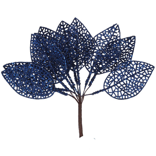 Blue Glitter Leaves Bunch Pick