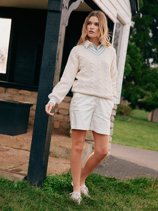 Dibly Cream/Blue Cable Knit Cricket Jumper