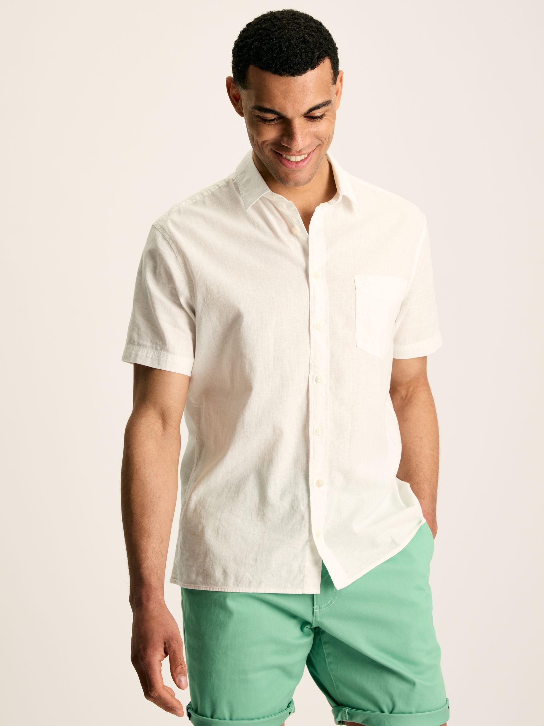 Linen Blend White Plain Short Sleeve Shirt RUTHERFORD Co