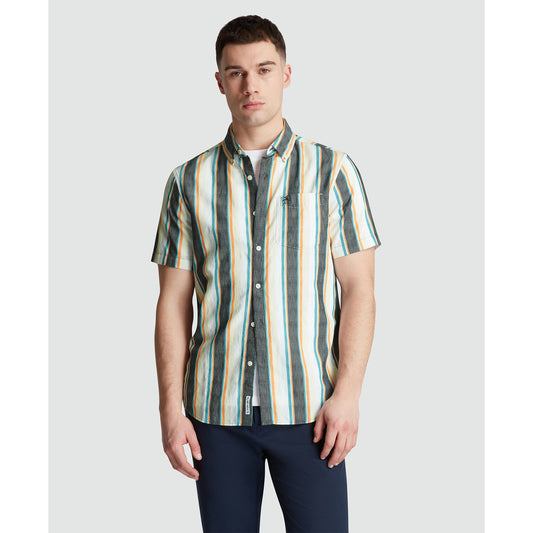 Short Sleeve Crinkle Vertical Stripe Shirt In Blue Wing Teal