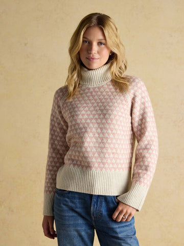 Addison Pink & Cream Patterned Knitted Jumper with Detachable Roll Neck - RUTHERFORD & Co