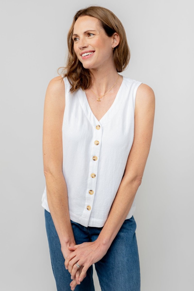 Allium White Linen Blend Buttoned Vest - RUTHERFORD & Co
