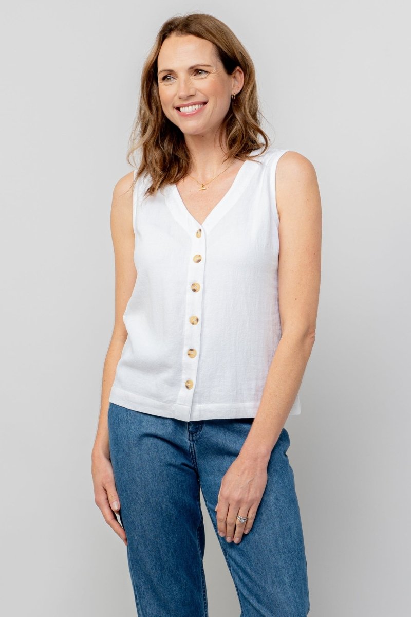 Allium White Linen Blend Buttoned Vest - RUTHERFORD & Co