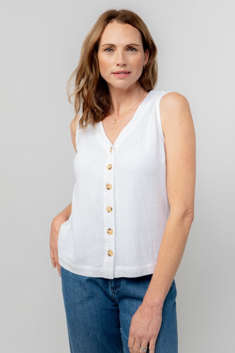 Allium White Linen Blend Buttoned Vest - RUTHERFORD & Co
