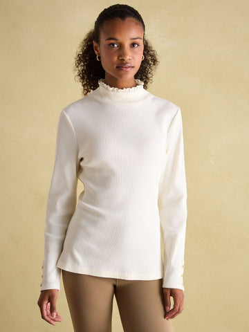Amy Cream Ribbed Long Sleeve High Neck Jersey Top - RUTHERFORD & Co