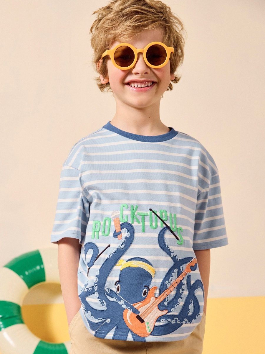 Archie Blue/White Cotton Short Sleeve Applique T-Shirt - RUTHERFORD & Co