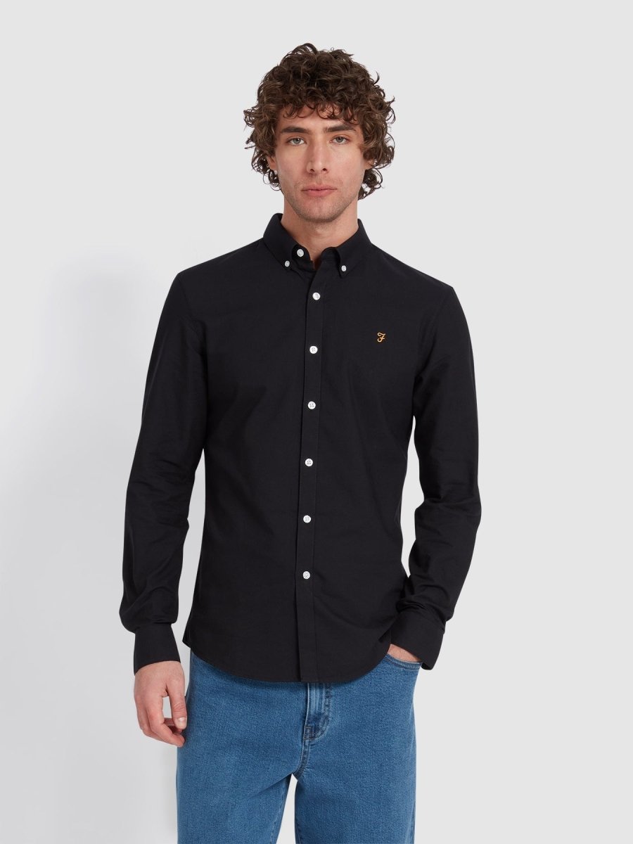Brewer Slim Fit Organic Cotton Oxford Shirt In Black - RUTHERFORD & Co