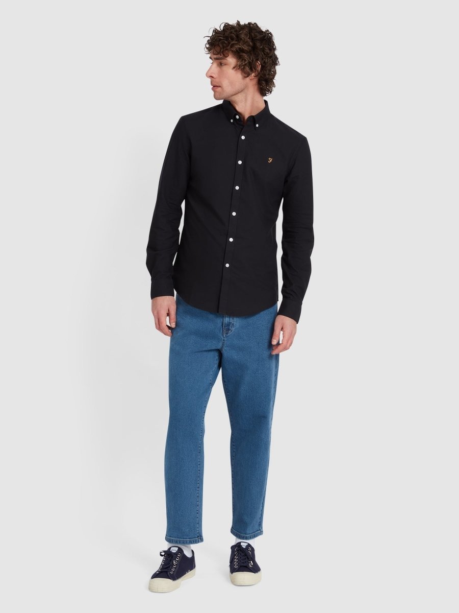 Brewer Slim Fit Organic Cotton Oxford Shirt In Black - RUTHERFORD & Co