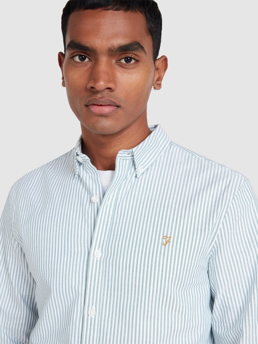 Brewer Slim Fit Striped Organic Cotton Oxford Shirt In Green Meadow - RUTHERFORD & Co