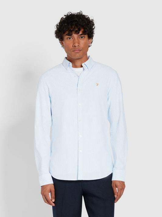 Brewer Slim Fit Striped Organic Cotton Oxford Shirt In Sky Blue - RUTHERFORD & Co