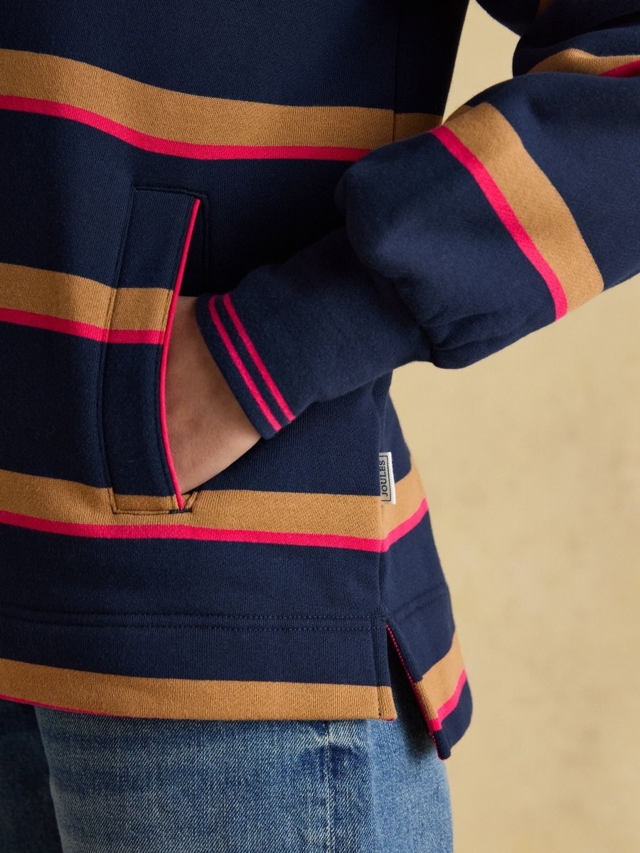 Burnham Navy/Tan Stripe Cotton Funnel Neck Quarter Zip Sweatshirt - RUTHERFORD & Co