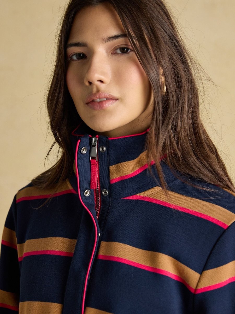 Burnham Navy/Tan Stripe Cotton Funnel Neck Quarter Zip Sweatshirt - RUTHERFORD & Co