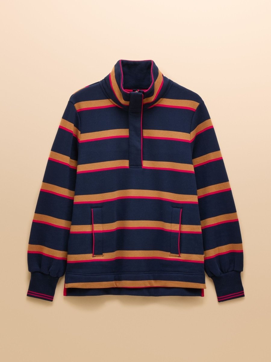 Burnham Navy/Tan Stripe Cotton Funnel Neck Quarter Zip Sweatshirt - RUTHERFORD & Co