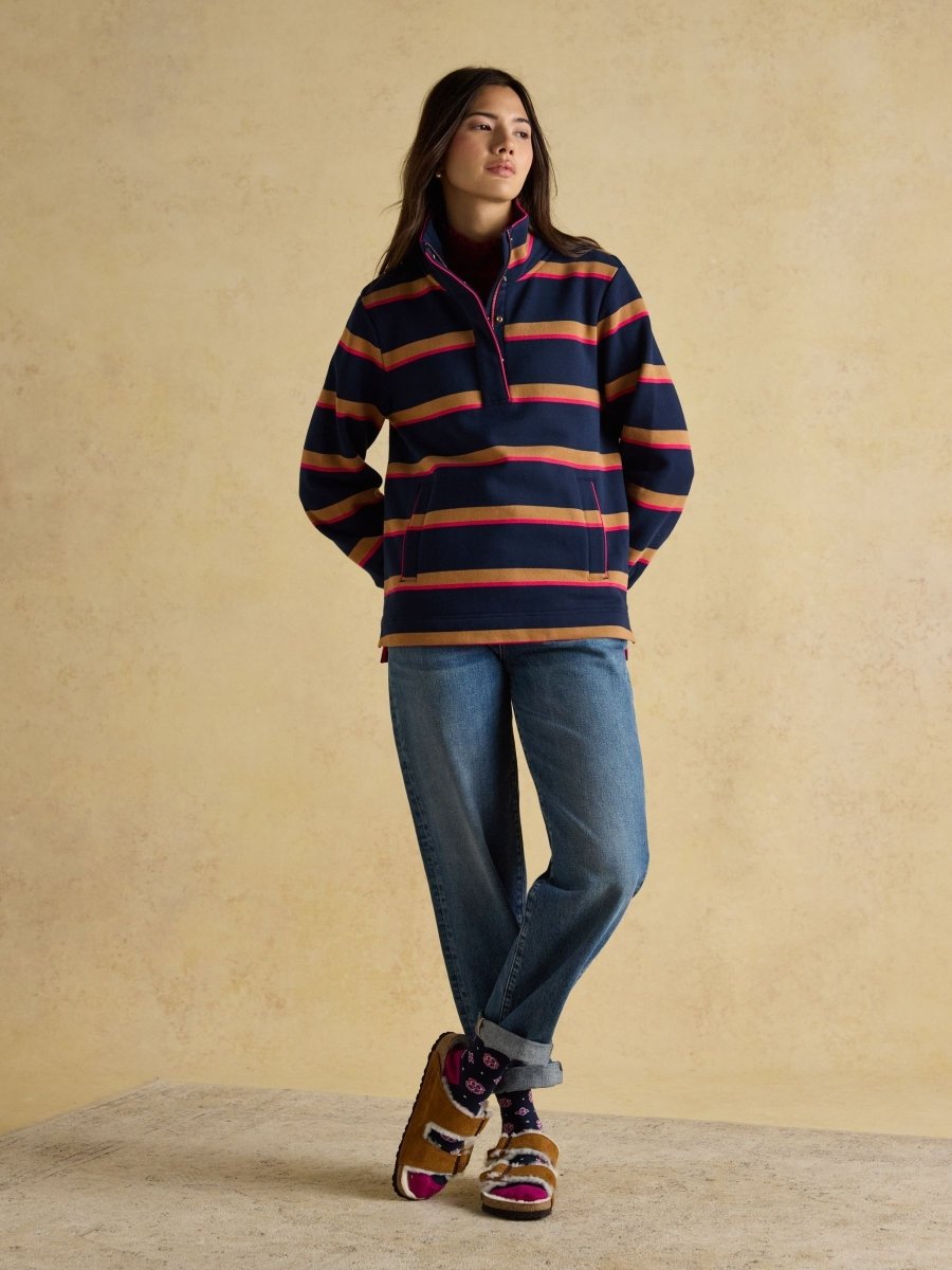 Burnham Navy/Tan Stripe Cotton Funnel Neck Quarter Zip Sweatshirt - RUTHERFORD & Co