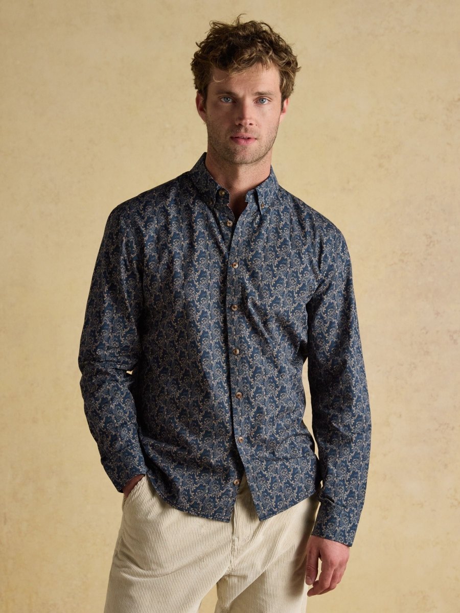 Classic Fit Navy Cotton Printed Shirt - RUTHERFORD & Co