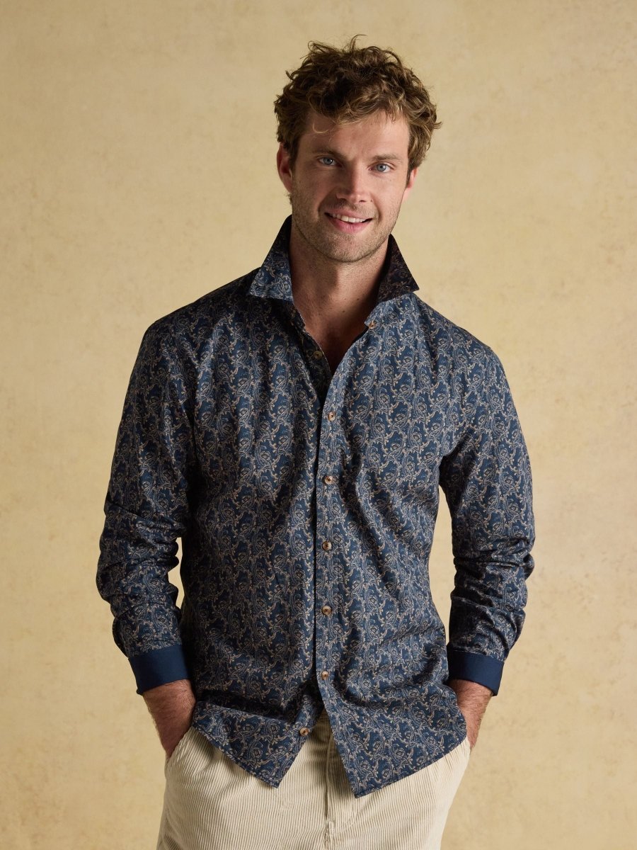 Classic Fit Navy Cotton Printed Shirt - RUTHERFORD & Co