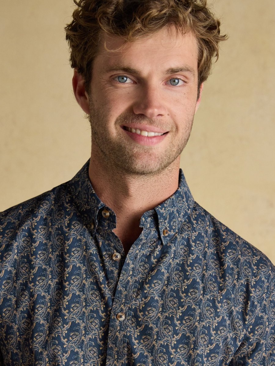 Classic Fit Navy Cotton Printed Shirt - RUTHERFORD & Co