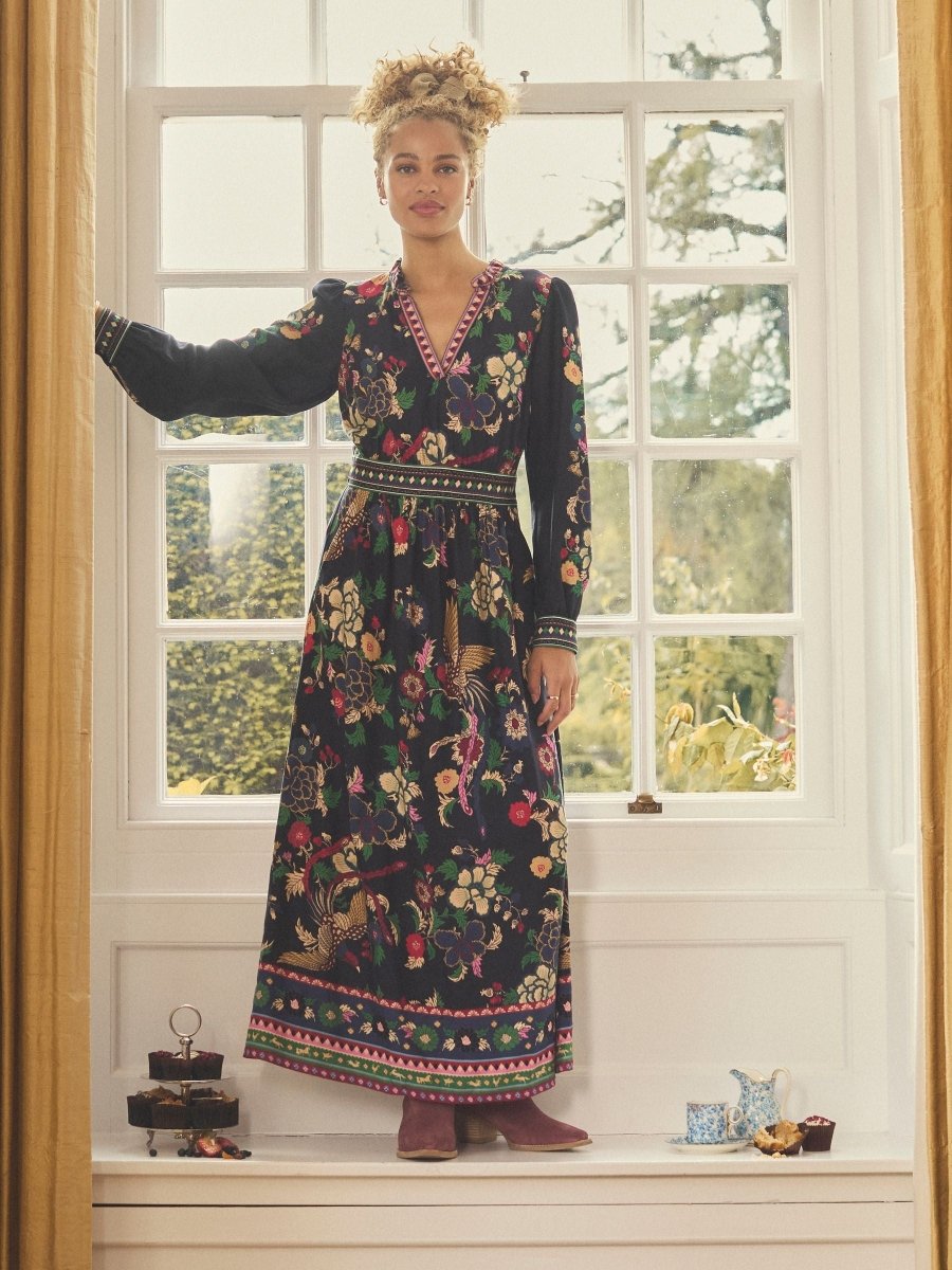 cressida maxi dress Cressida Navy Placement Floral Maxi Dress – RUTHERFORD & Co
