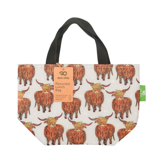 Eco Chic Lightweight Foldable Lunch Bag Grey Highland Cow