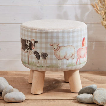 FARM ANIMAL ROUND STOOL WITH TAUPE GINGHAM FABRIC SEAT - RUTHERFORD & Co