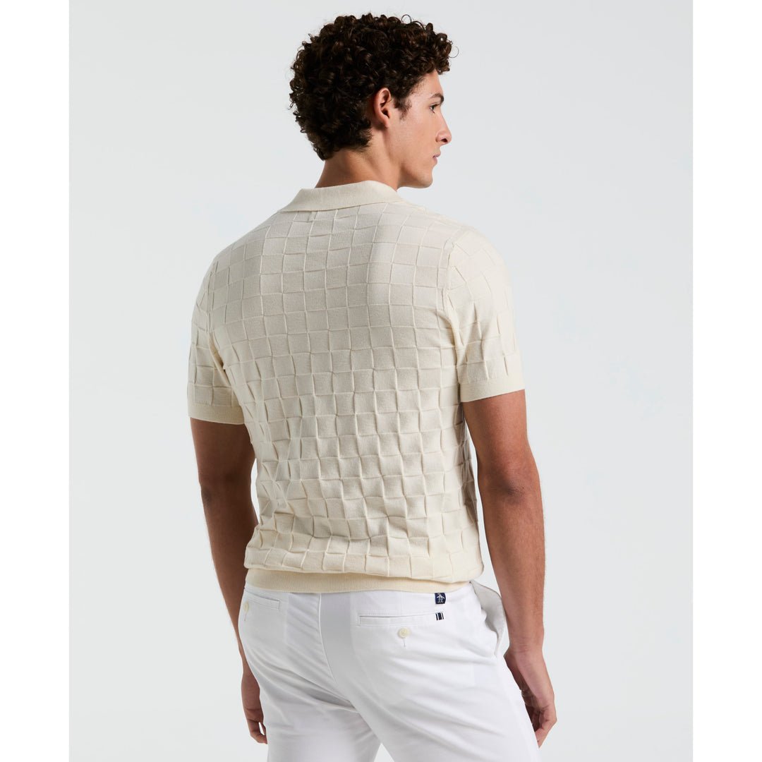 Jacquard Johnny Collar Sweater Polo Shirt In Birch - RUTHERFORD & Co