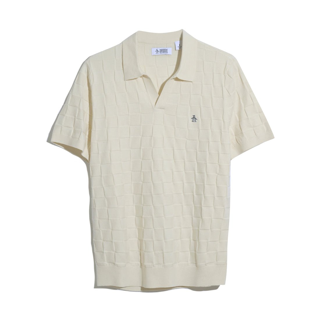 Jacquard Johnny Collar Sweater Polo Shirt In Birch - RUTHERFORD & Co