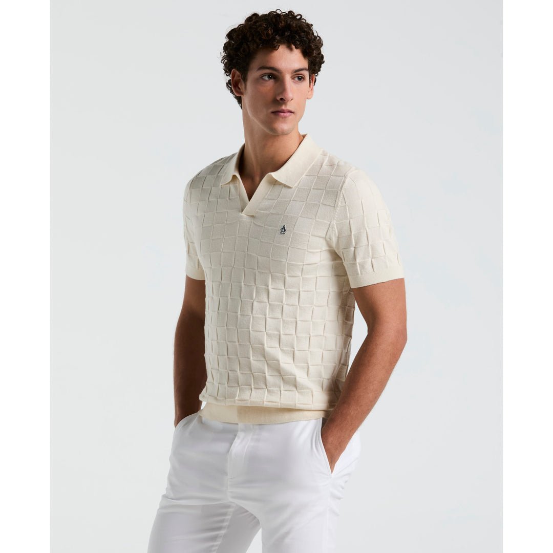 Jacquard Johnny Collar Sweater Polo Shirt In Birch - RUTHERFORD & Co