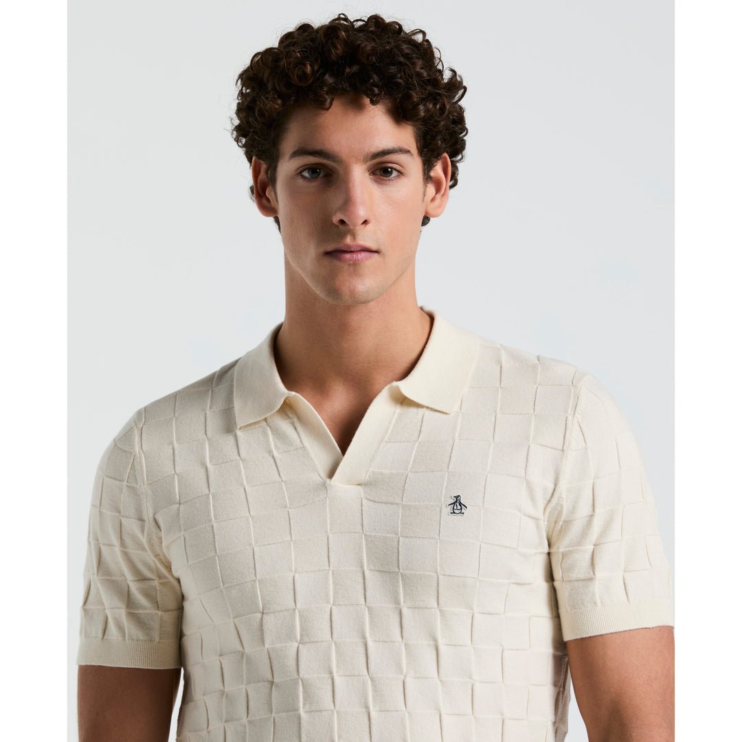 Jacquard Johnny Collar Sweater Polo Shirt In Birch - RUTHERFORD & Co