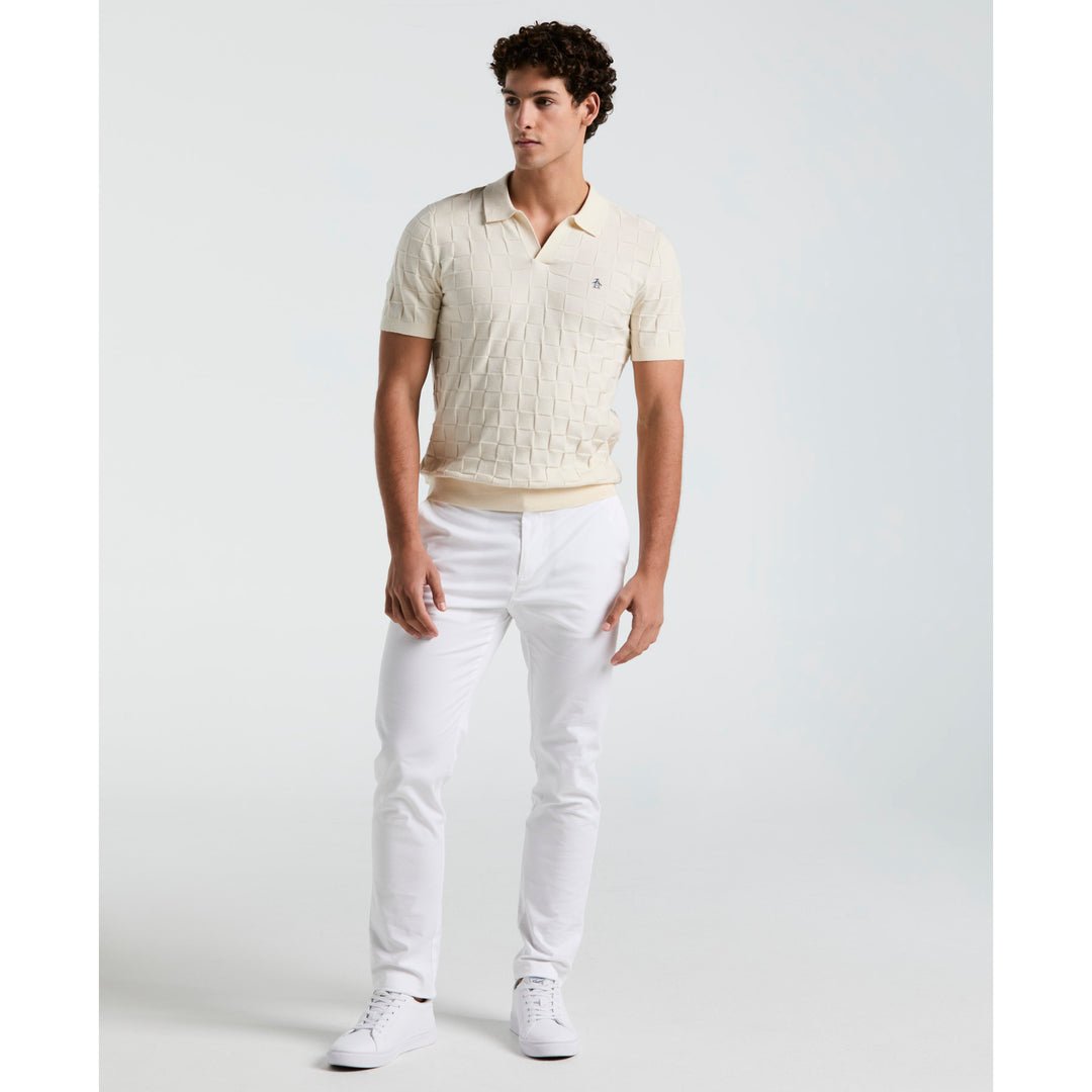 Jacquard Johnny Collar Sweater Polo Shirt In Birch - RUTHERFORD & Co