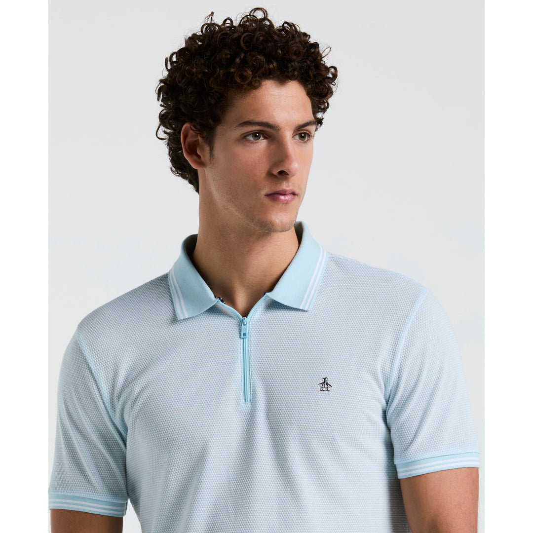 Jacquard Tipped 1/4 Zip Polo Shirt In Crystal Blue - RUTHERFORD & Co