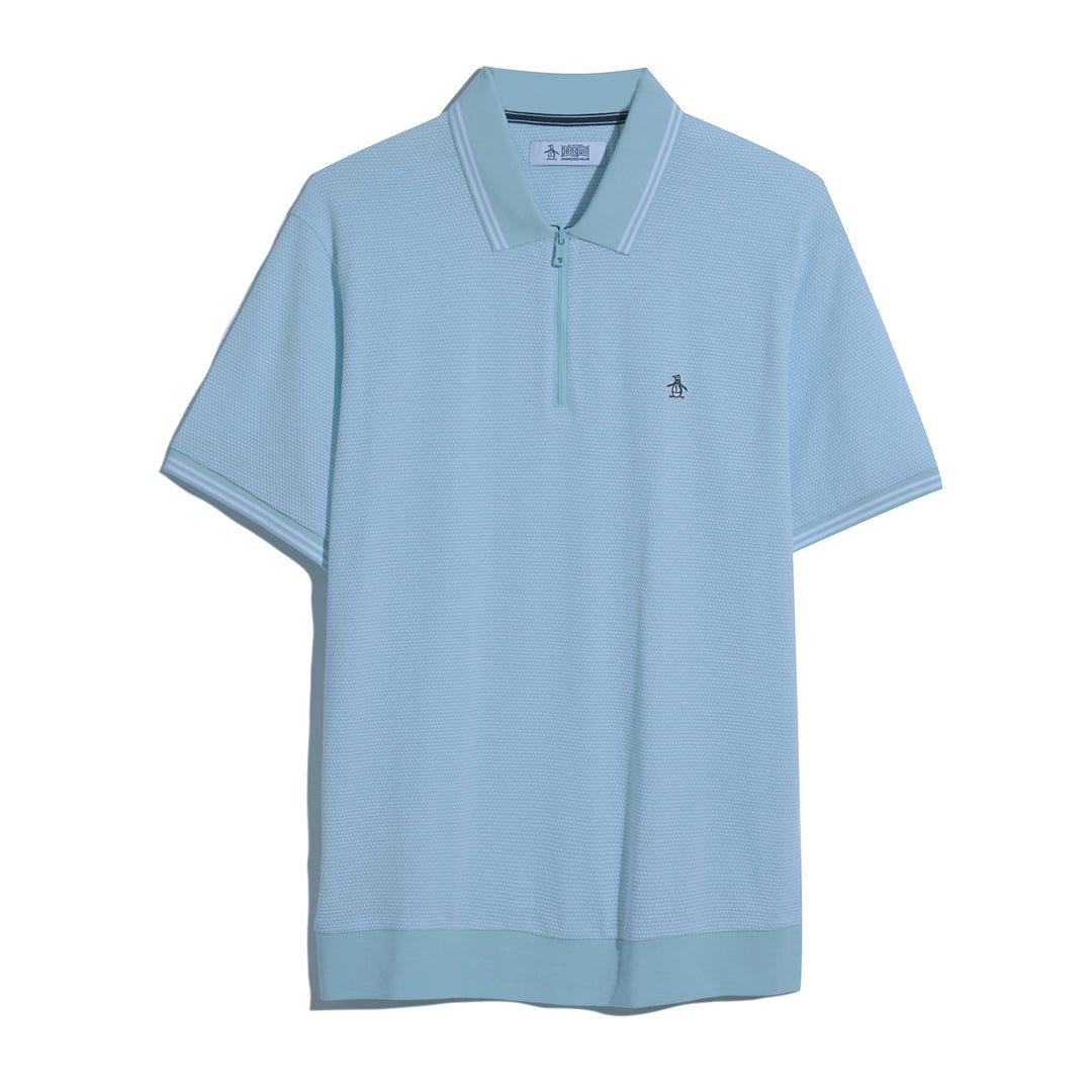 Jacquard Tipped 1/4 Zip Polo Shirt In Crystal Blue - RUTHERFORD & Co
