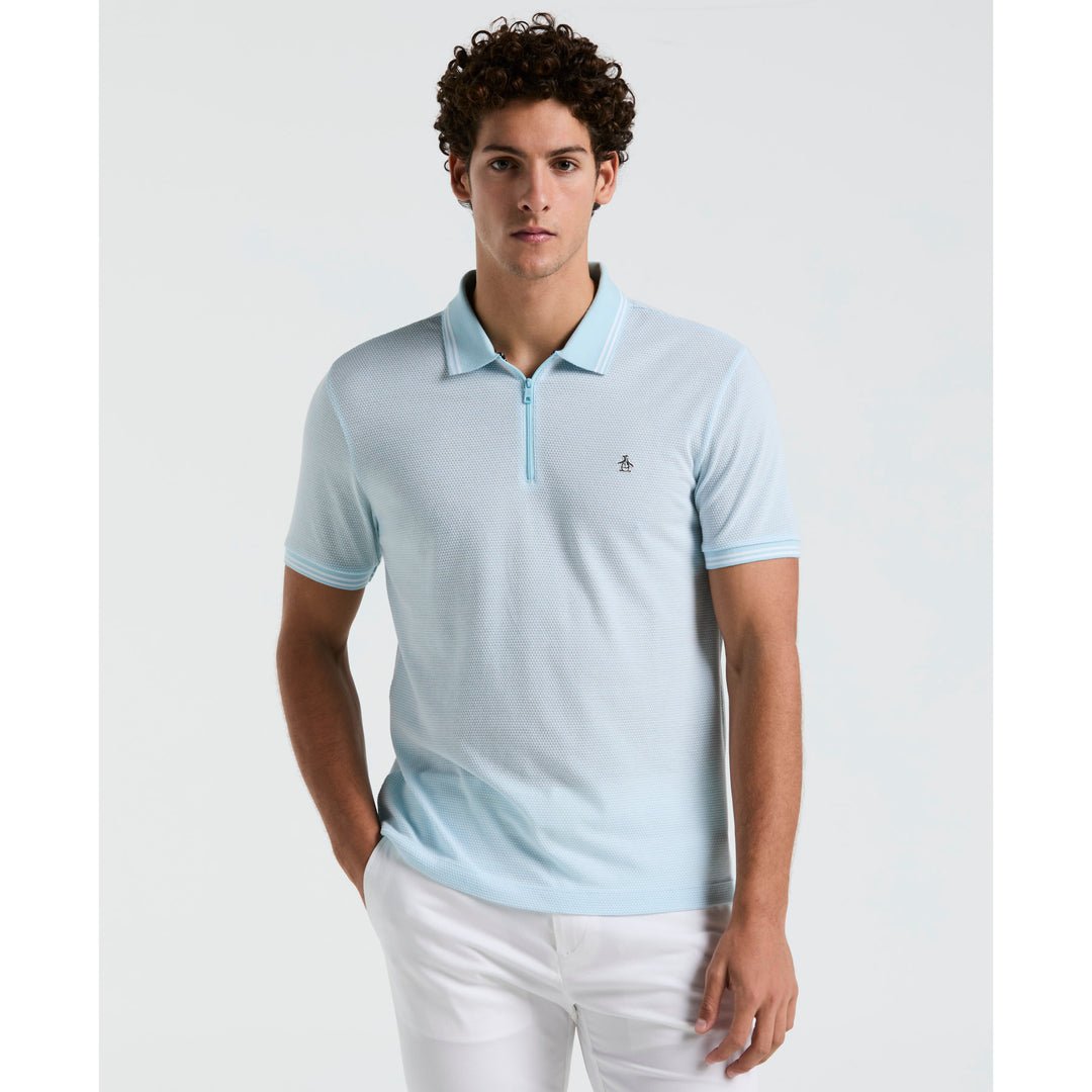 Jacquard Tipped 1/4 Zip Polo Shirt In Crystal Blue - RUTHERFORD & Co