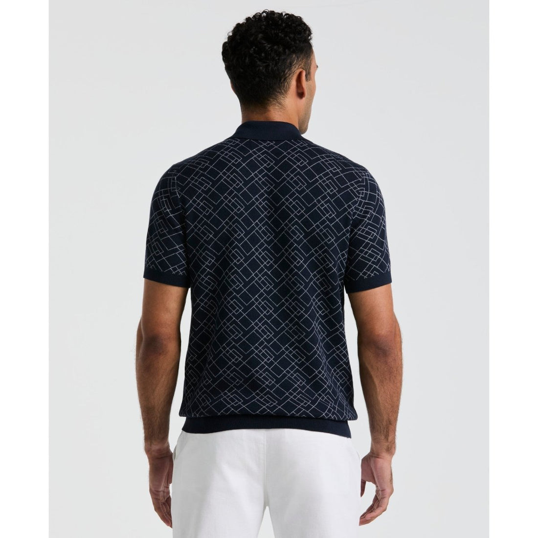 Jaquard Geometric Sweater Polo Shirt In Dark Sapphire - RUTHERFORD & Co