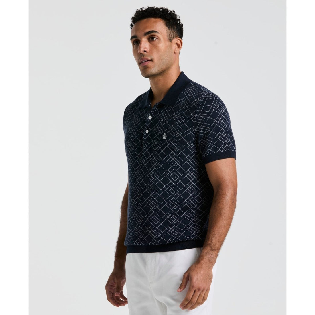 Jaquard Geometric Sweater Polo Shirt In Dark Sapphire - RUTHERFORD & Co