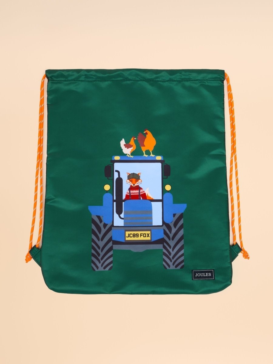 Kids' Adventurer Green & Blue Tractor Drawstring Bag - RUTHERFORD & Co