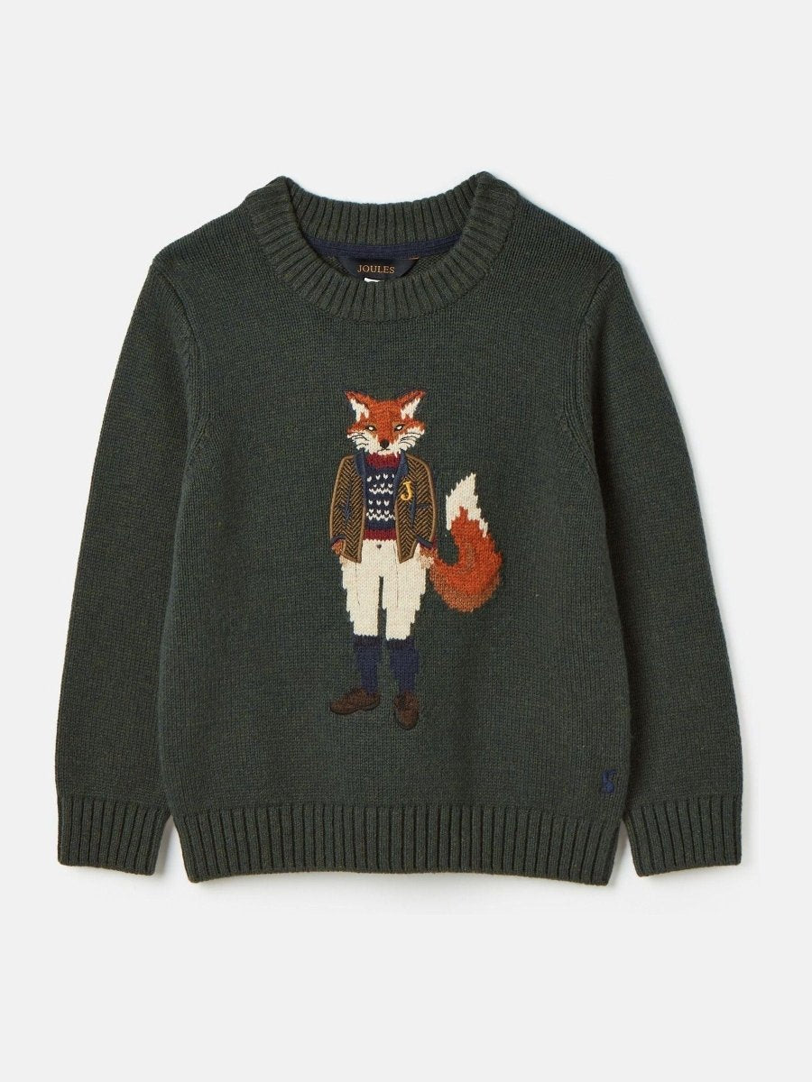 Kids' Jonty Green Intarsia Fox Artwork Jumper - RUTHERFORD & Co