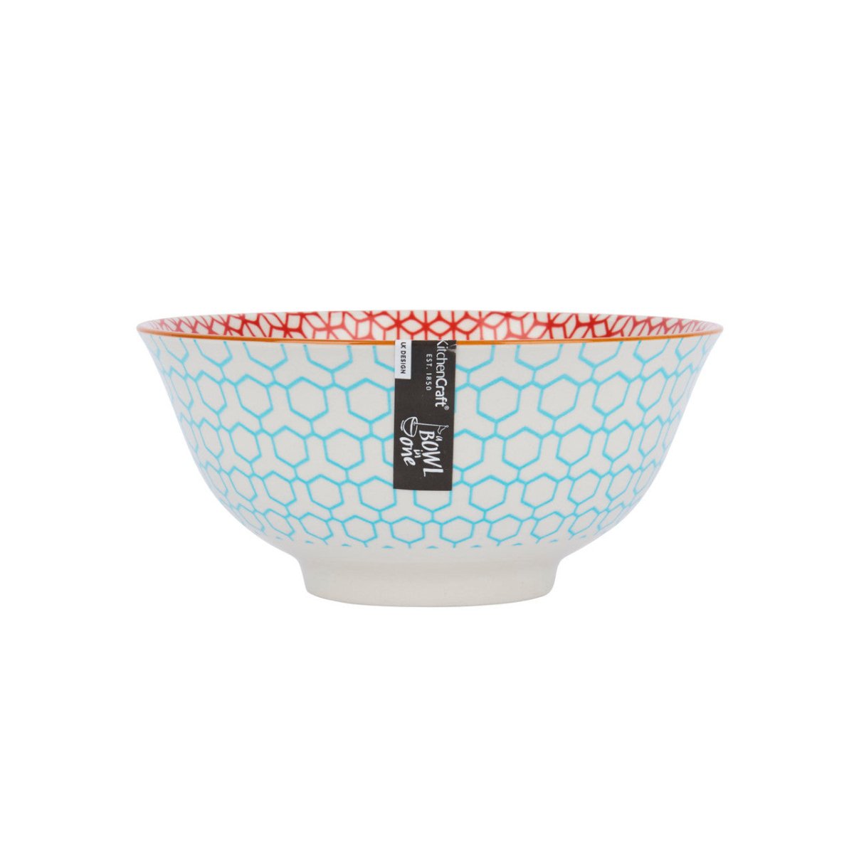 KitchenCraft Geometric Blue Ceramic Bowl, 16cm - RUTHERFORD & Co