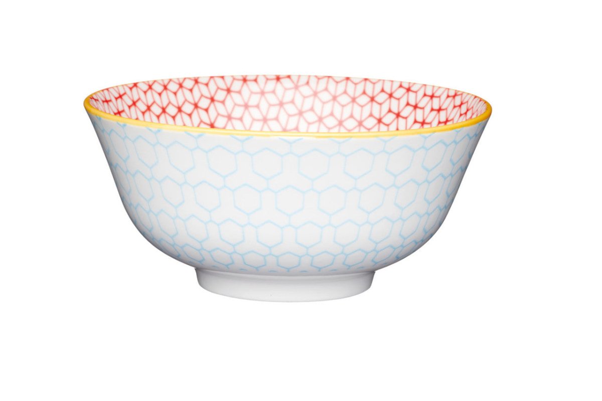 KitchenCraft Geometric Blue Ceramic Bowl, 16cm - RUTHERFORD & Co