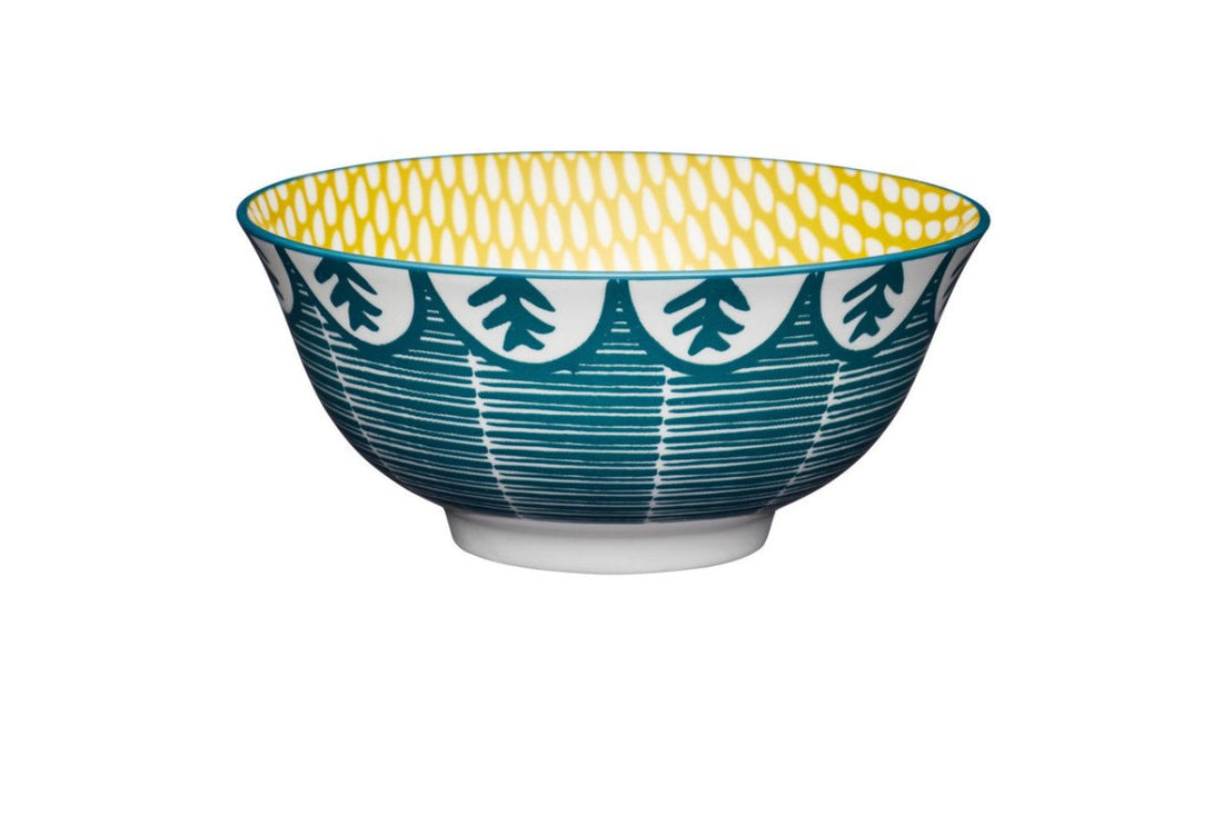 KitchenCraft Leafy Green Print Ceramic Bowl, 16cm - RUTHERFORD & Co
