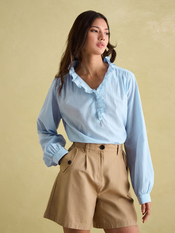 Melanie Blue/White Cotton Ruffle Blouse - RUTHERFORD & Co