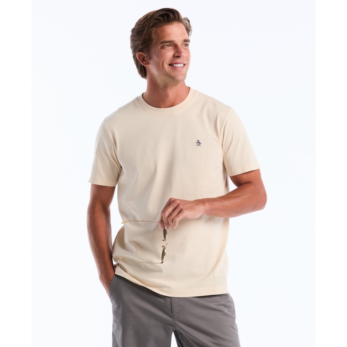 Pin Point Embroidered Logo T-Shirt In Birch - RUTHERFORD & Co
