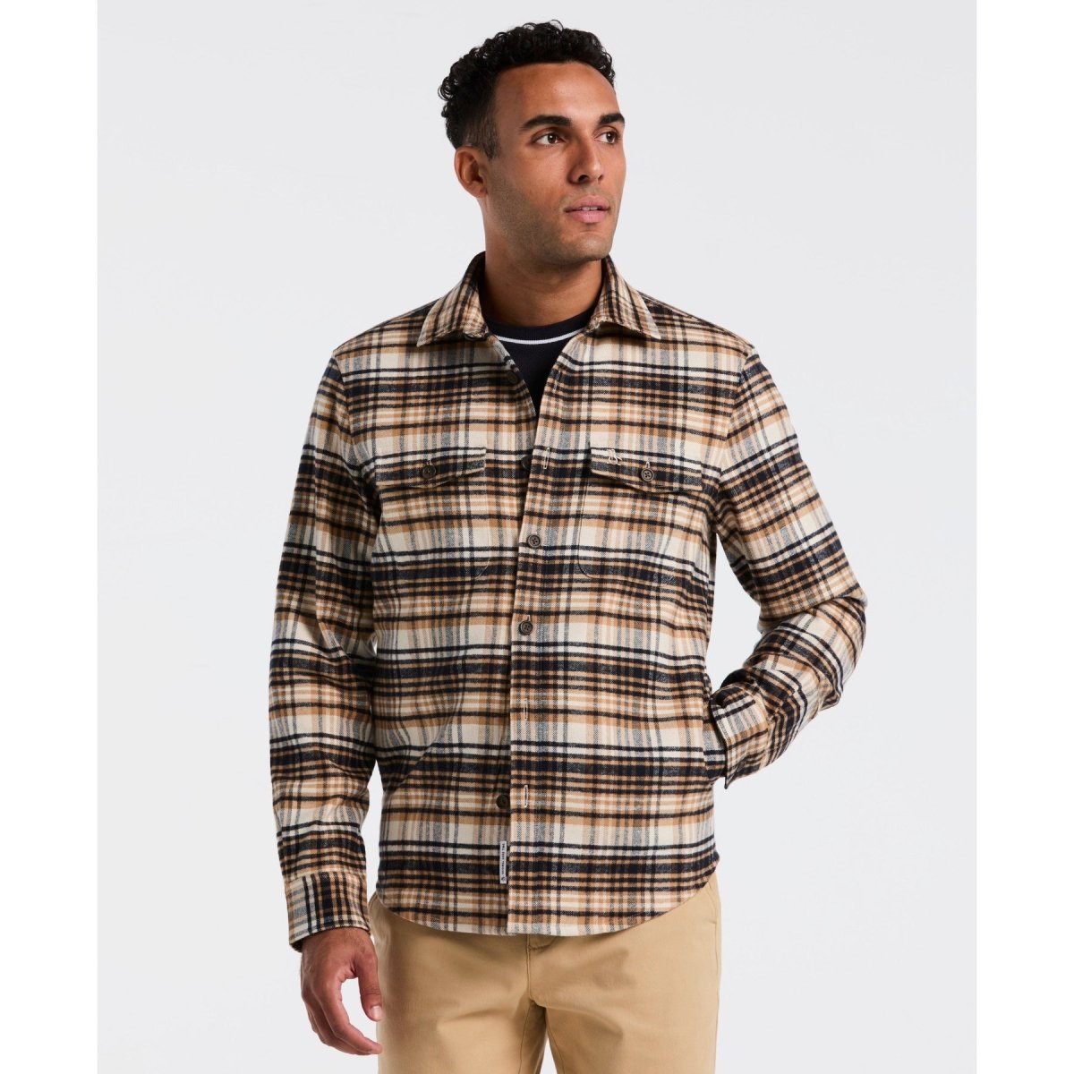 Plaid Flannel Shacket In Birch - RUTHERFORD & Co