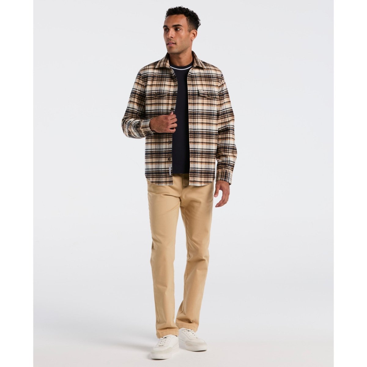 Plaid Flannel Shacket In Birch - RUTHERFORD & Co