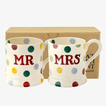 Polka Dot 'Mr & Mrs' Set of 2 1/2 Pint Mugs Boxed - RUTHERFORD & Co