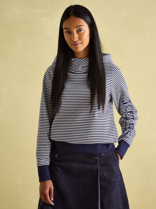 Rushton Navy Blue Stripe Cowl Neck 100% Cotton Hoodie - RUTHERFORD & Co