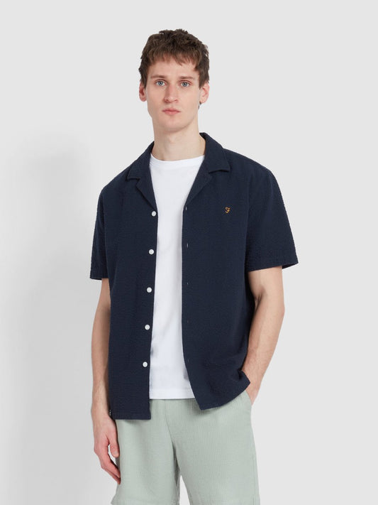 Rutherford Short Sleeve Seersucker Shirt In True Navy - RUTHERFORD & Co