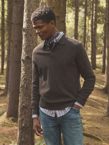 Sampson Lambswool Brown Long Sleeve Knitted Polo Shirt - RUTHERFORD & Co