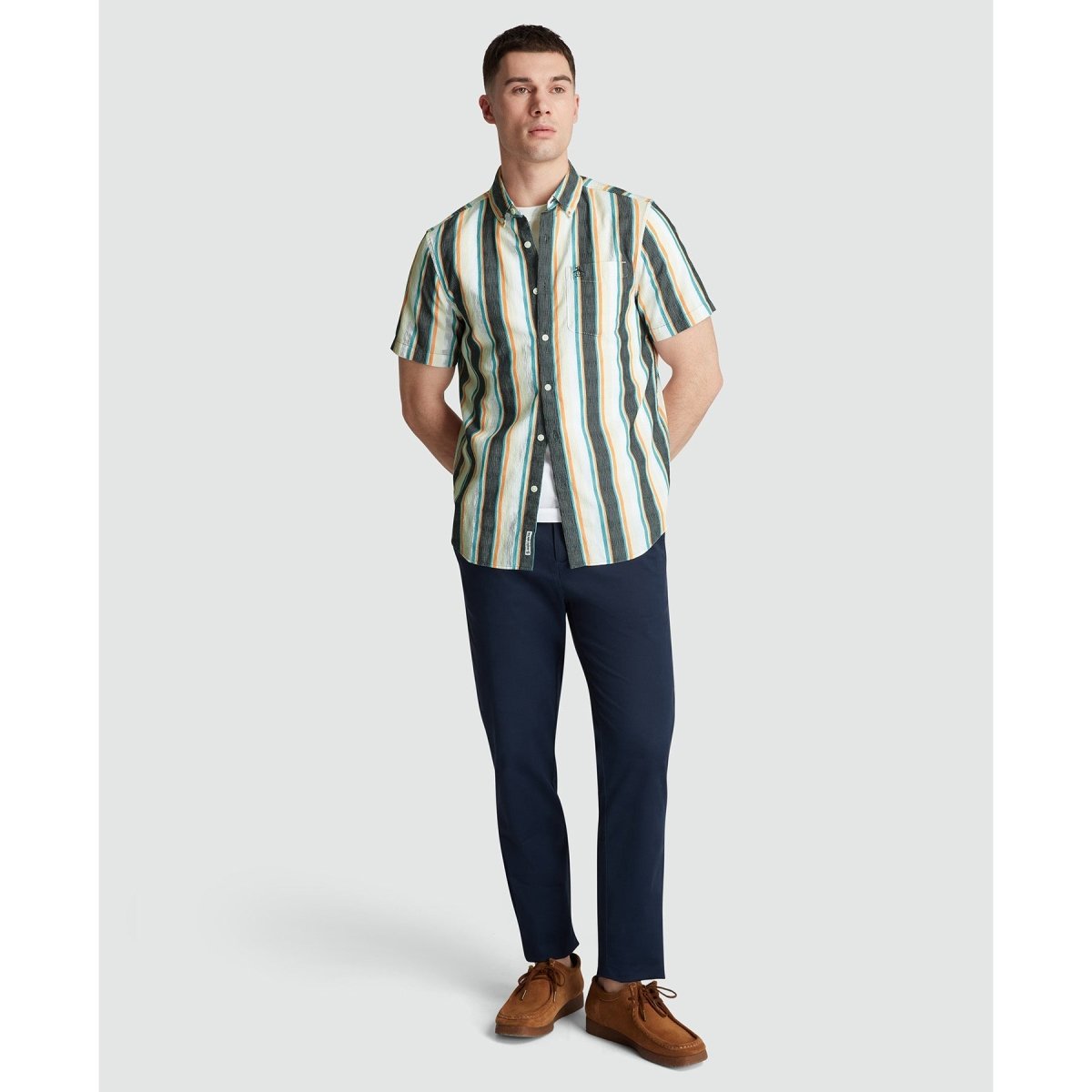Short Sleeve Crinkle Vertical Stripe Shirt In Blue Wing Teal - RUTHERFORD & Co