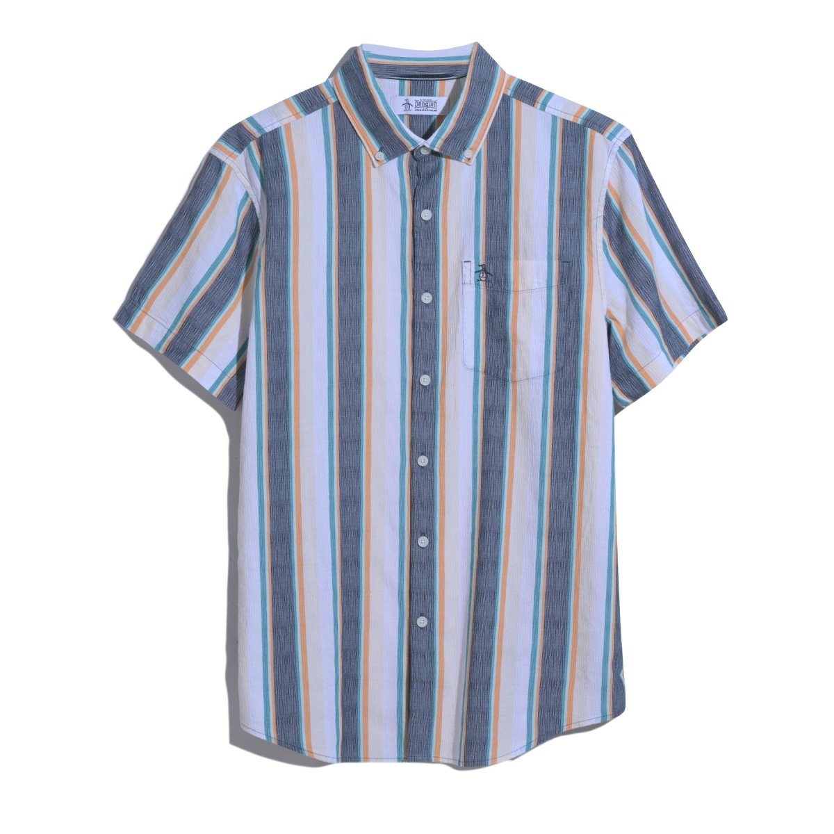 Short Sleeve Crinkle Vertical Stripe Shirt In Blue Wing Teal - RUTHERFORD & Co