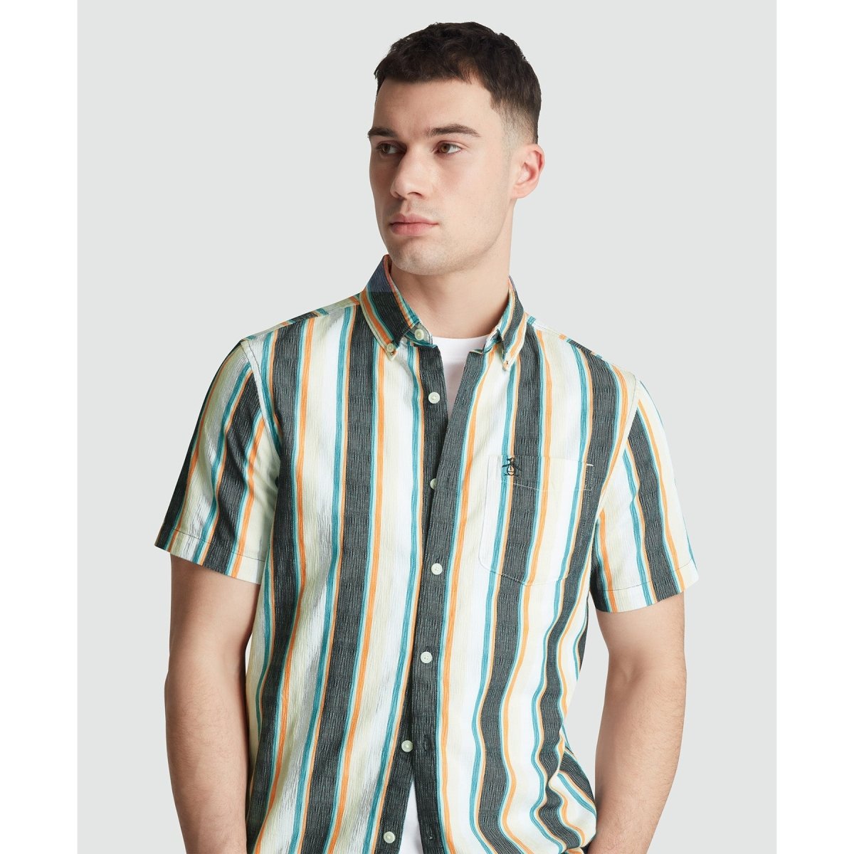 Short Sleeve Crinkle Vertical Stripe Shirt In Blue Wing Teal - RUTHERFORD & Co